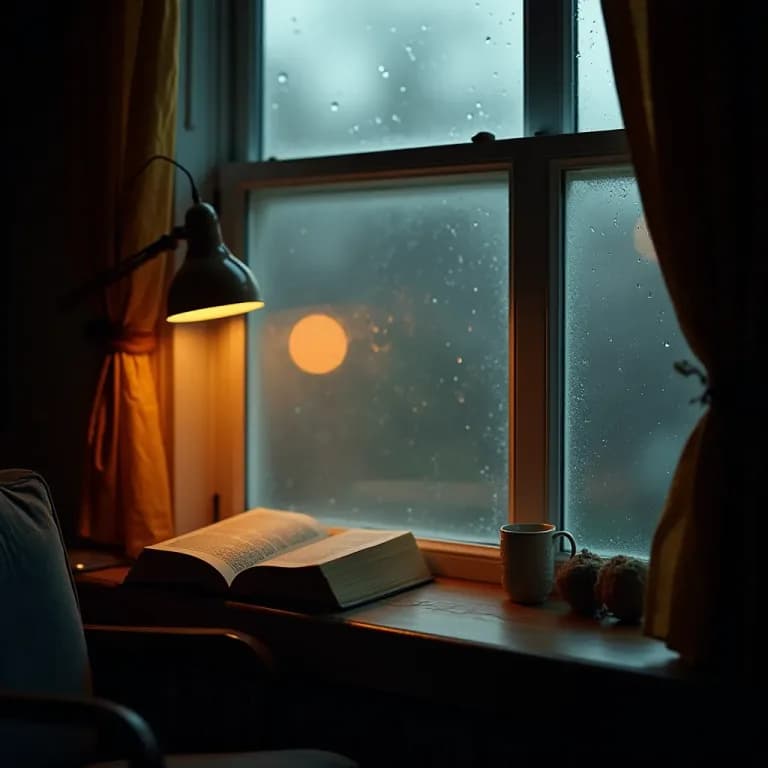 a cozy reading nook by a rainy window, warm cinematic light, shallow depth of field