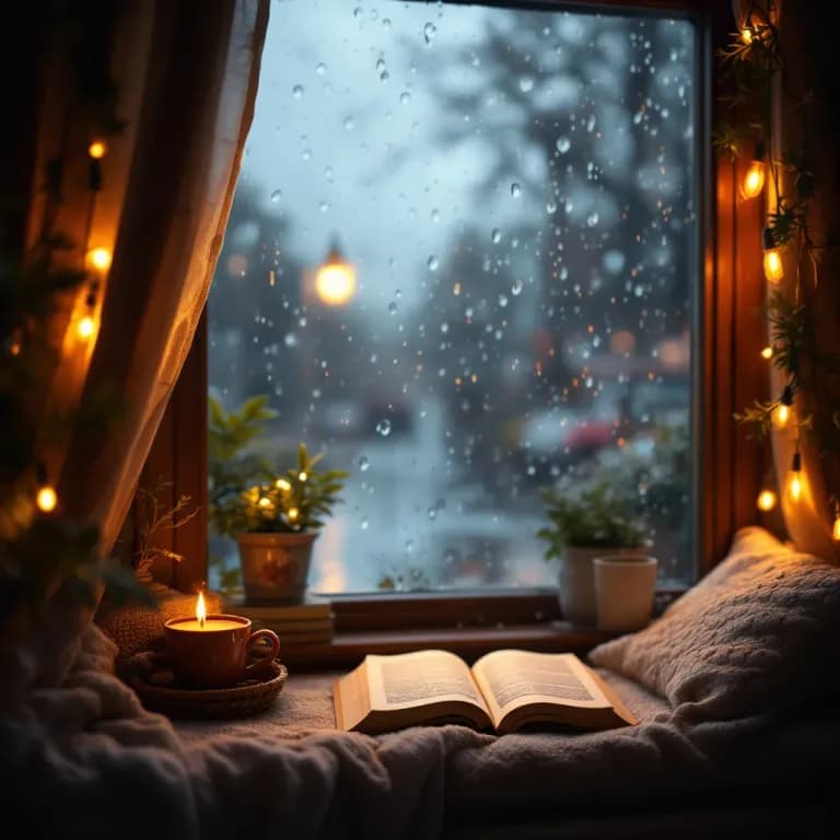FLUX 1.1 Pro: a cozy reading nook by a rainy window, warm cinematic light, shallow depth of field