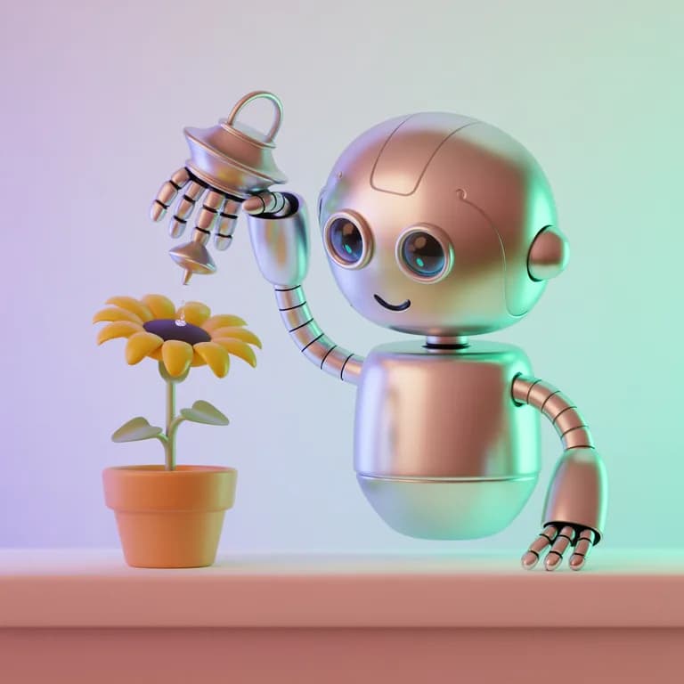 a friendly robot watering a small plant, soft 3d render, pastel colors