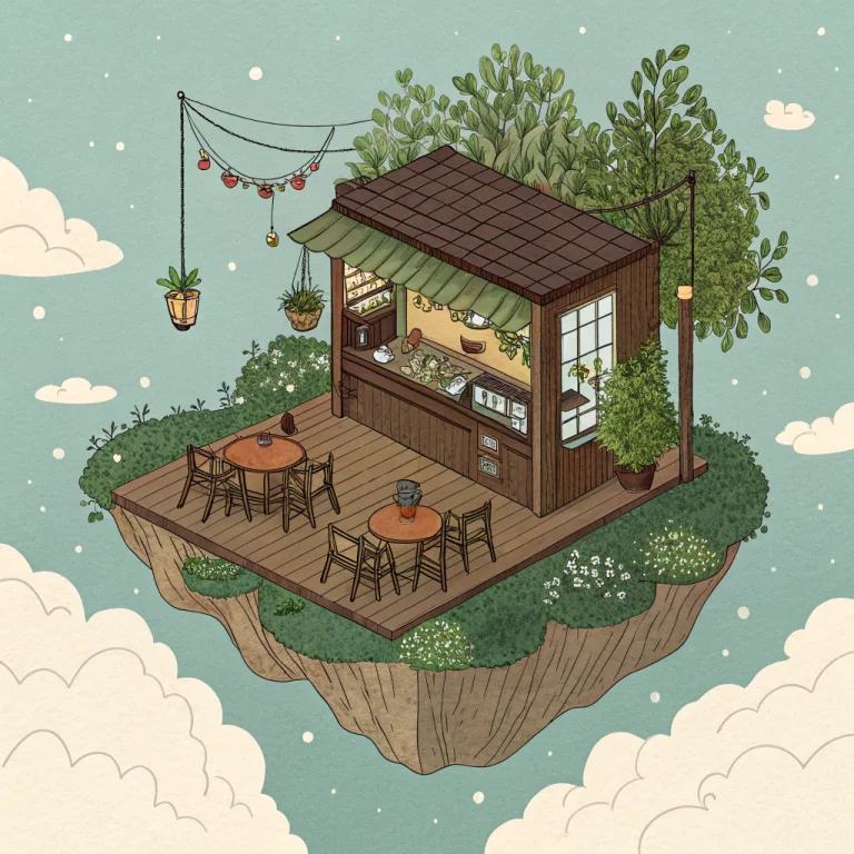 Recraft V3: an isometric tiny coffee shop on a floating island, detailed